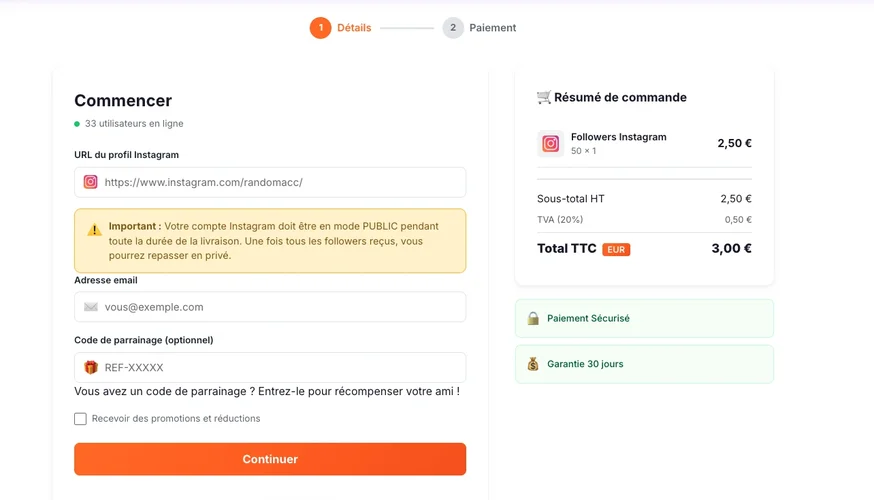 How to buy Instagram followers - Followers Lab order page